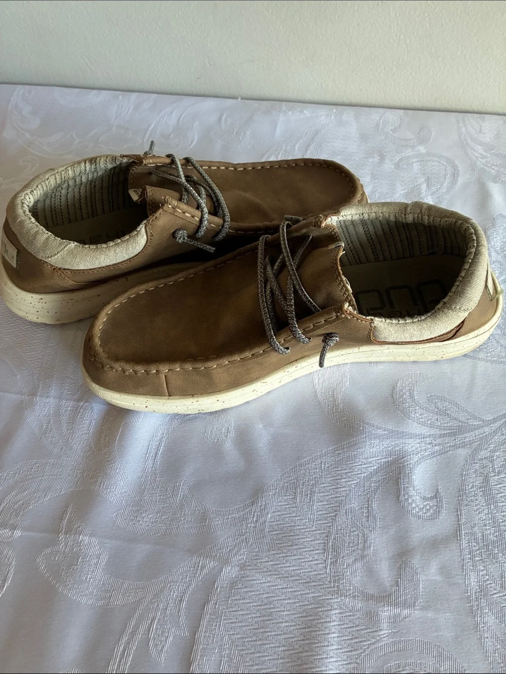 Hey Dude Men's Casual Boat Shoes in Tan and Cream